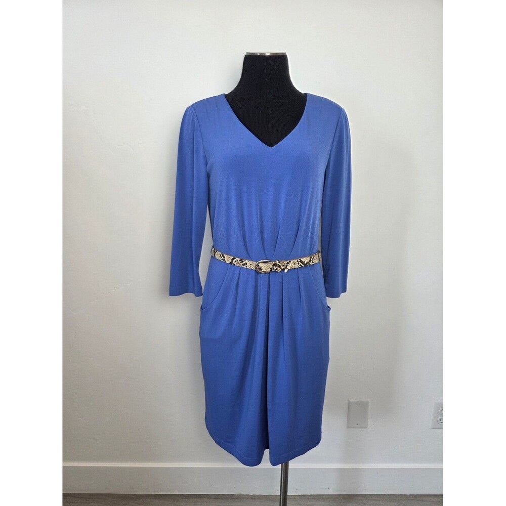 Tahari Azure Blue Shift Dress Pockets Slinky Office Formal Classy Coastal Size 8